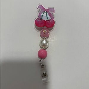 Pink Cherry Beaded Badge Reel Retractable ID Holder – Handmade